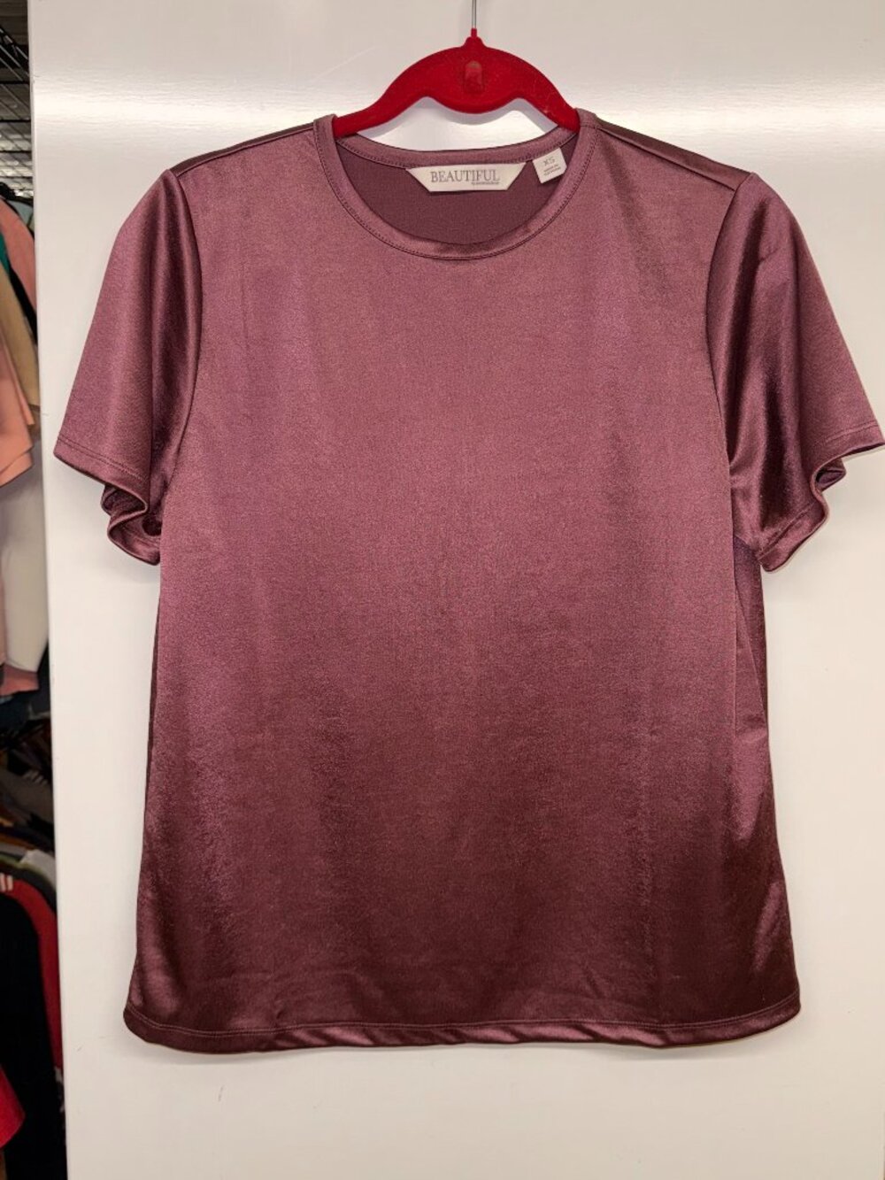 BEAUTIFUL by Lawrence Zarian Knit Satin Short Sleeve Top - Mauve/Plum - Size XS